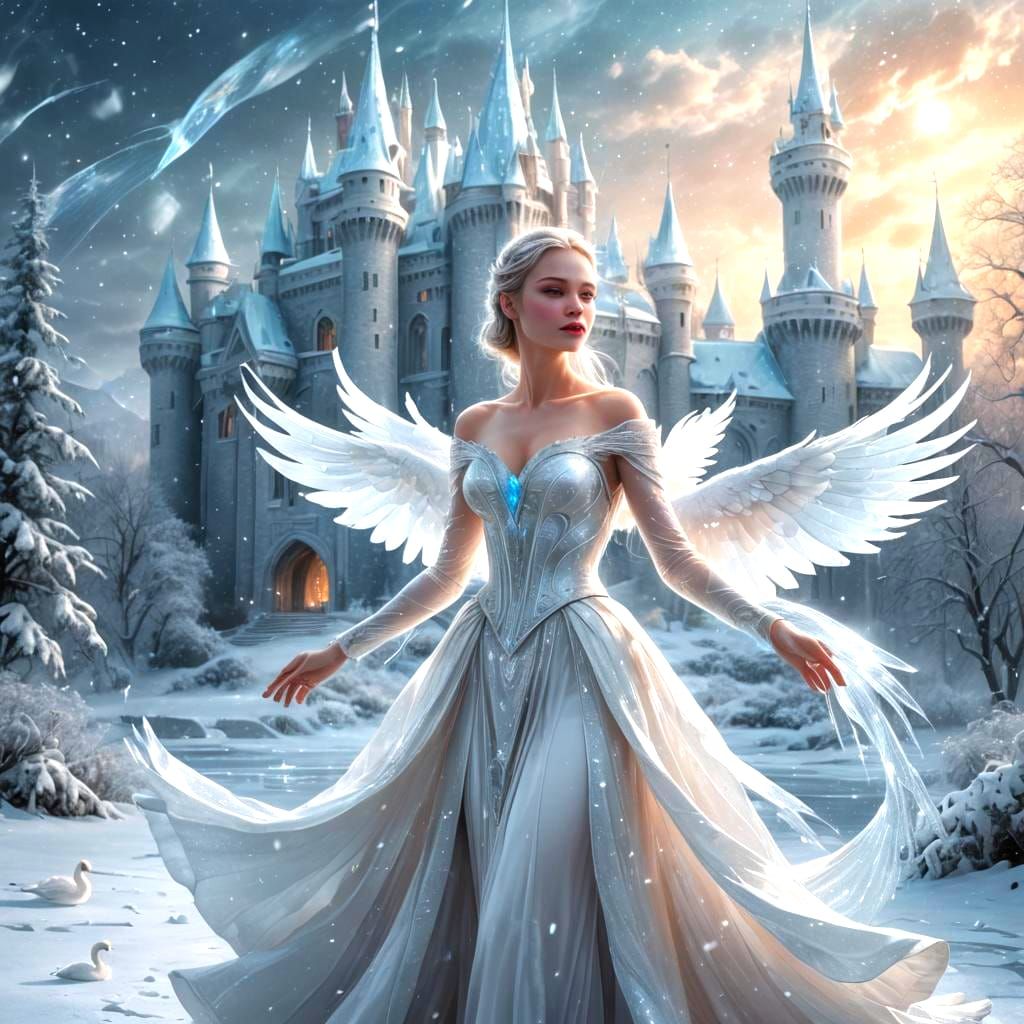 Bioluminescent Swan Queen in White Snowstorm Landscape
