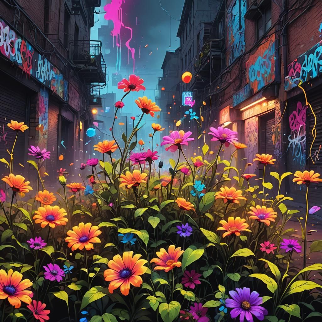 Fluorescent Flower Garden in Neon Graffiti Style