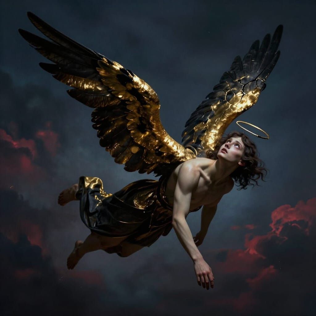 Fallen Angel Descends with Blackening Wings and Cracked Halo