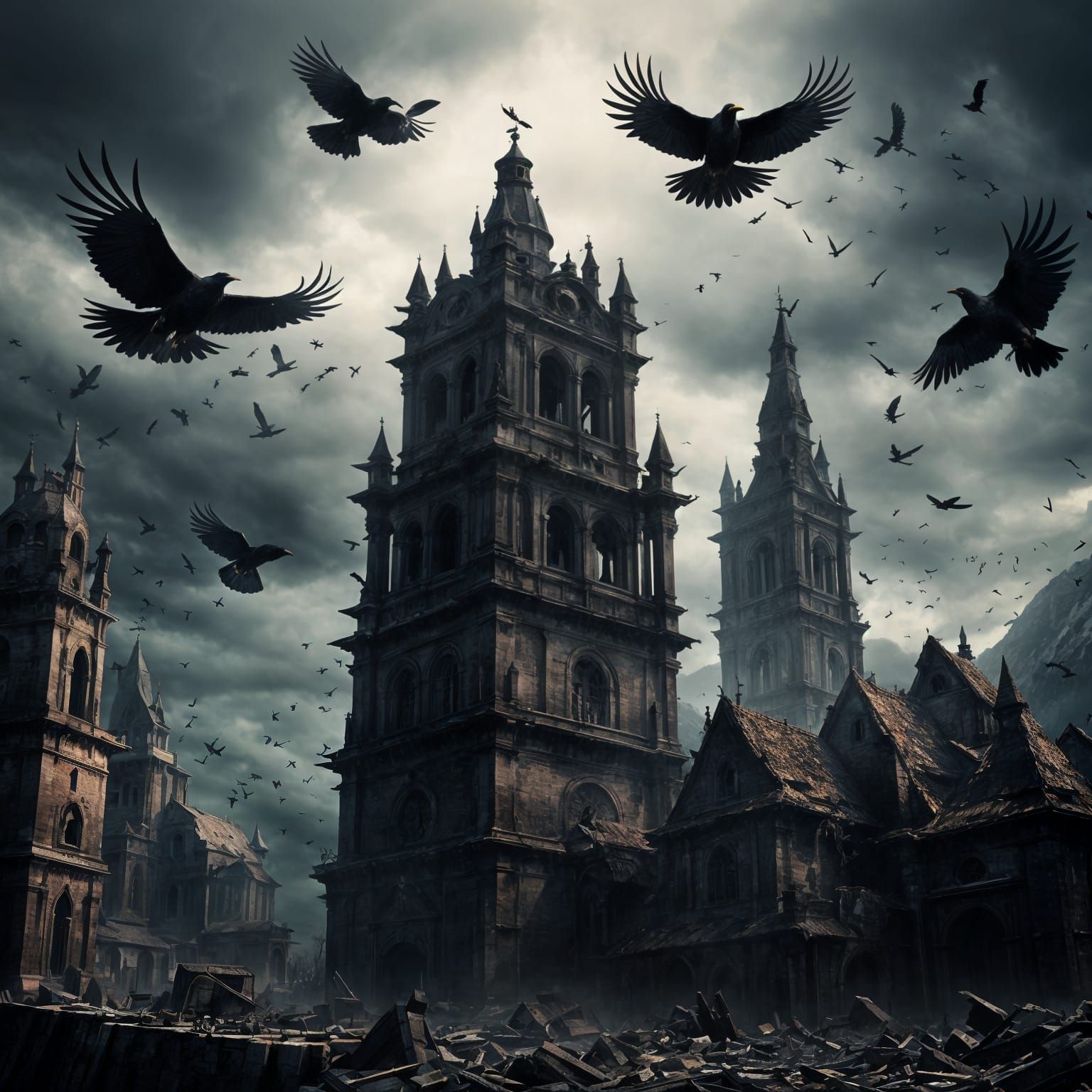 Crows Circling Broken Bell Towers: Dramatic Digital Painting