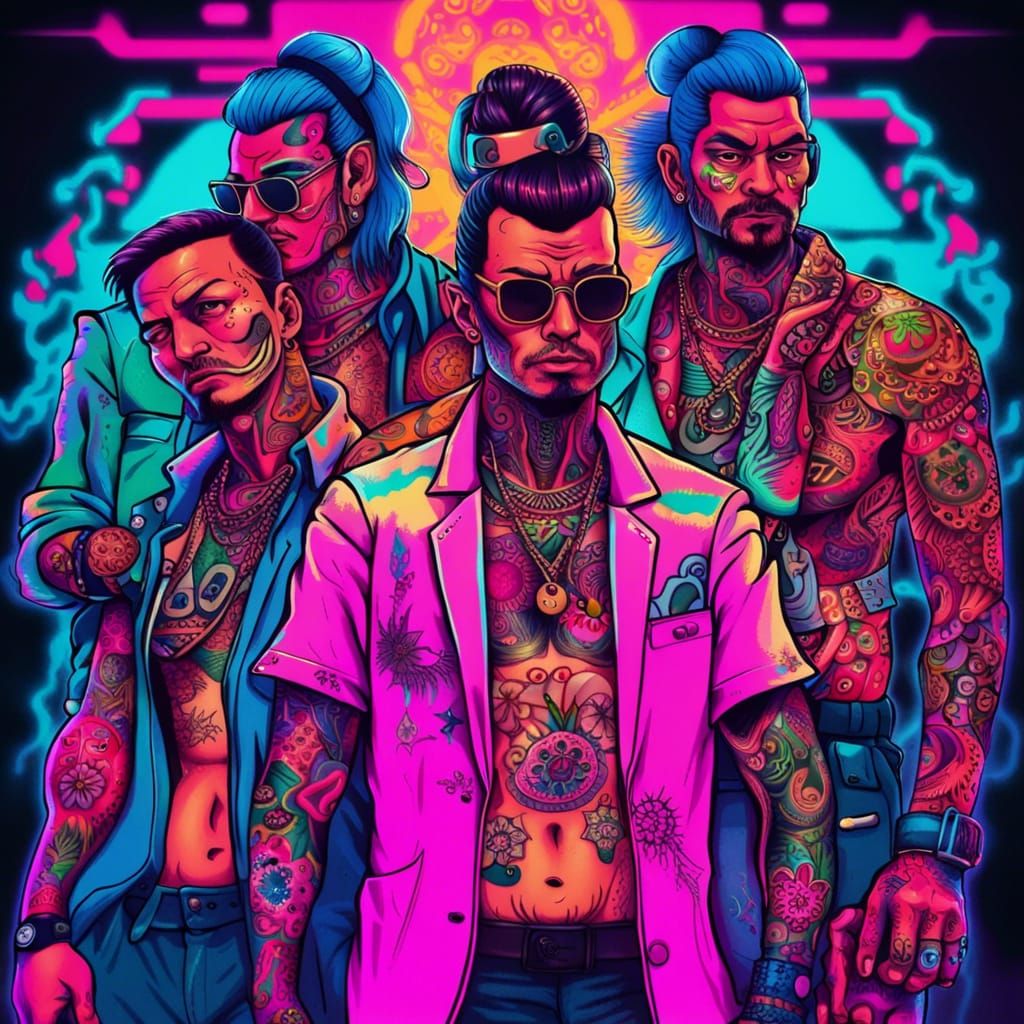 Yakuza Gang Members in Synthwave Neon Style