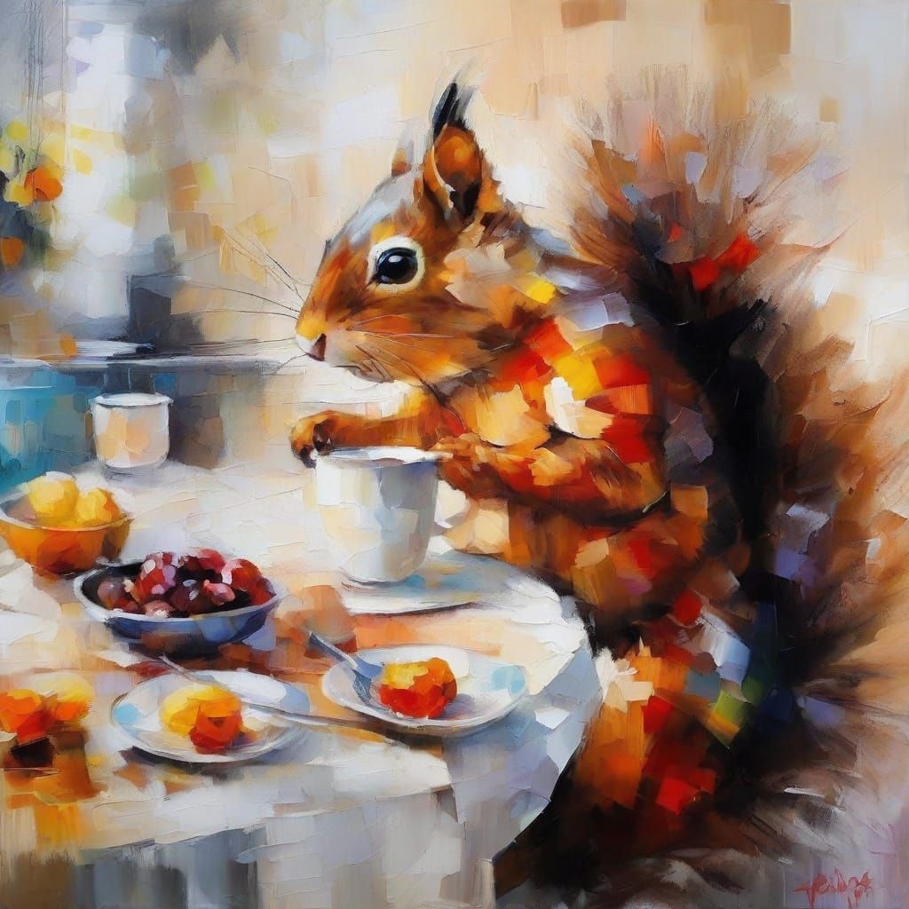 Squirrel Stealing Coffee Beans: Avant-Garde Oil Painting