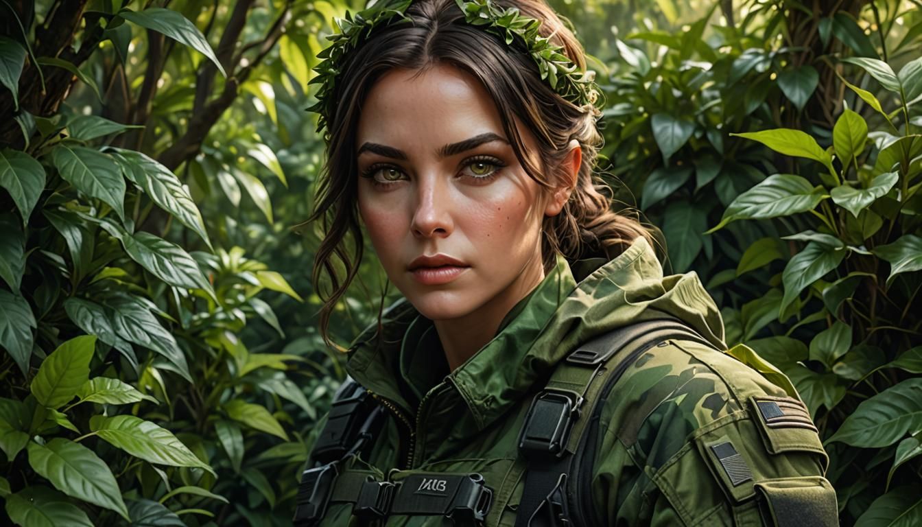 Camouflaged Woman in Shrubbery: Hyperrealistic Concept Art