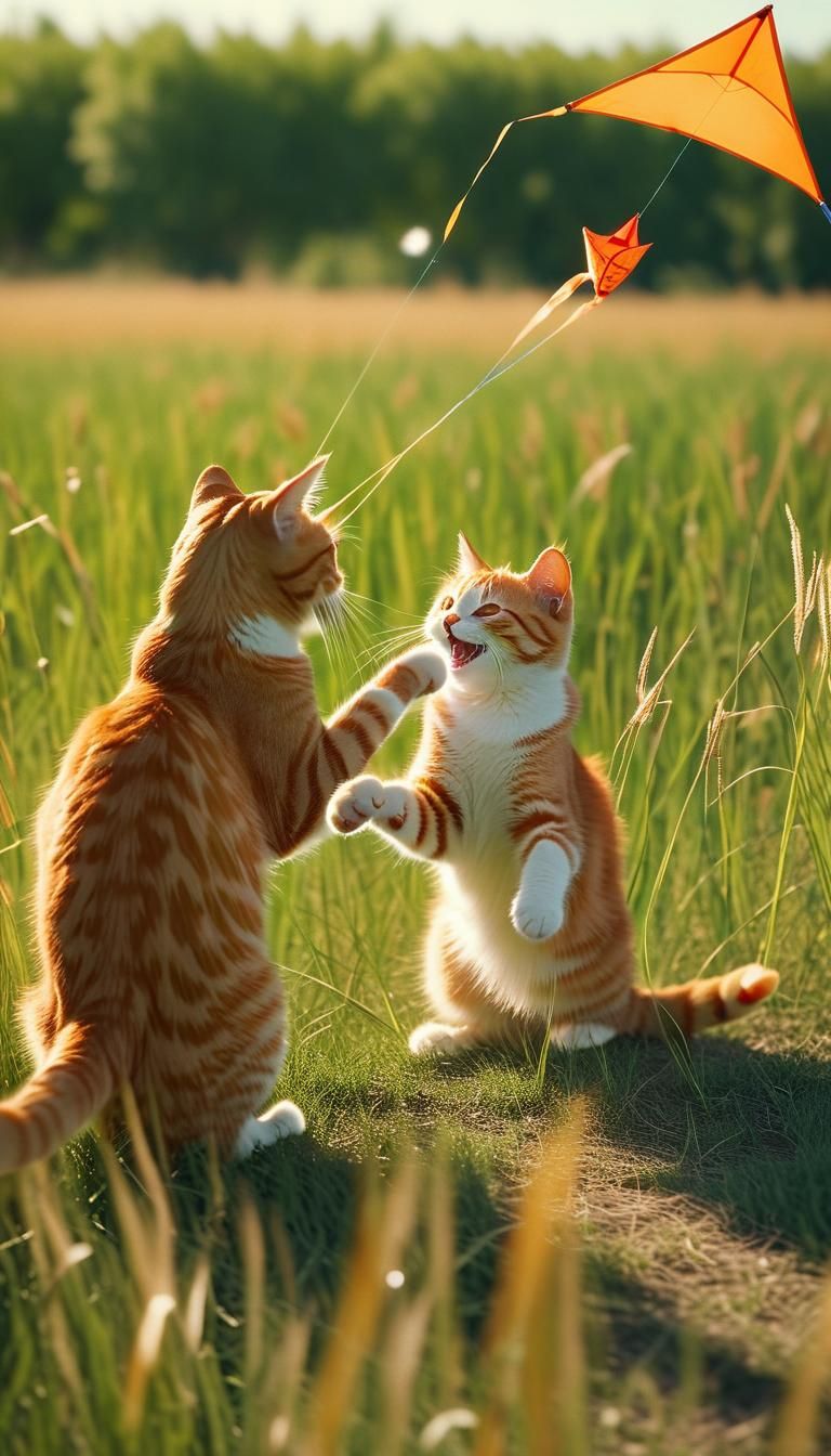 Orange Cats Play Kite in Sunny Field