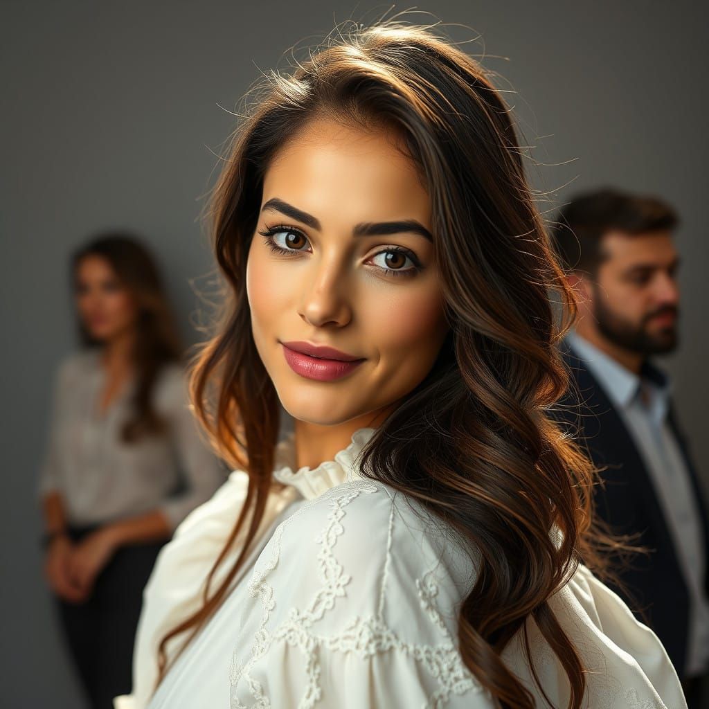 Elegant Woman in White Blouse with Ruffled Collar