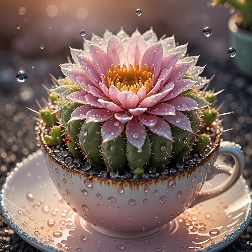 Dew-Kissed Micro Cactus Blossom in Teacup