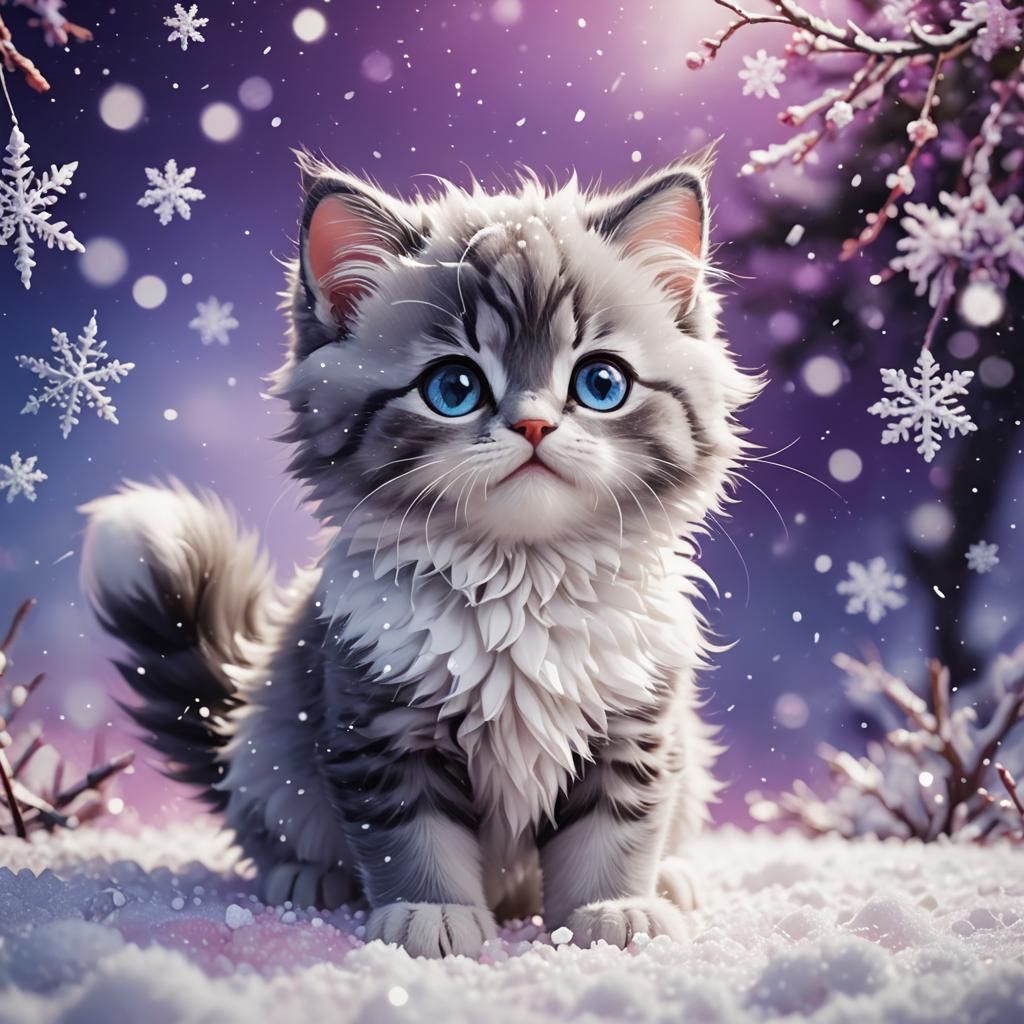 Cute Kitten in Snow: 3D Anime Style