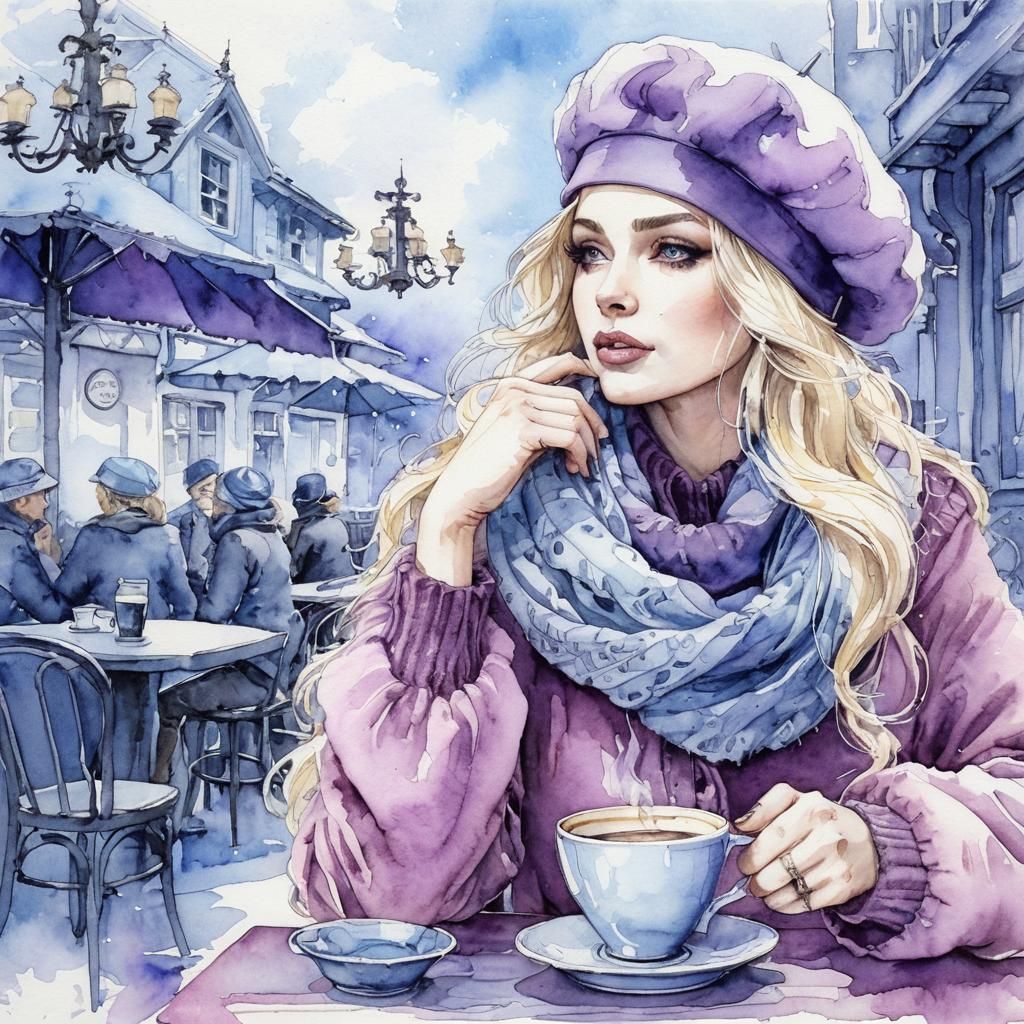 A stunning woman, blond hair, with a thick wool shirt, a hot wool beret, scarf, in a picturesque bar drinking coffee. li...
