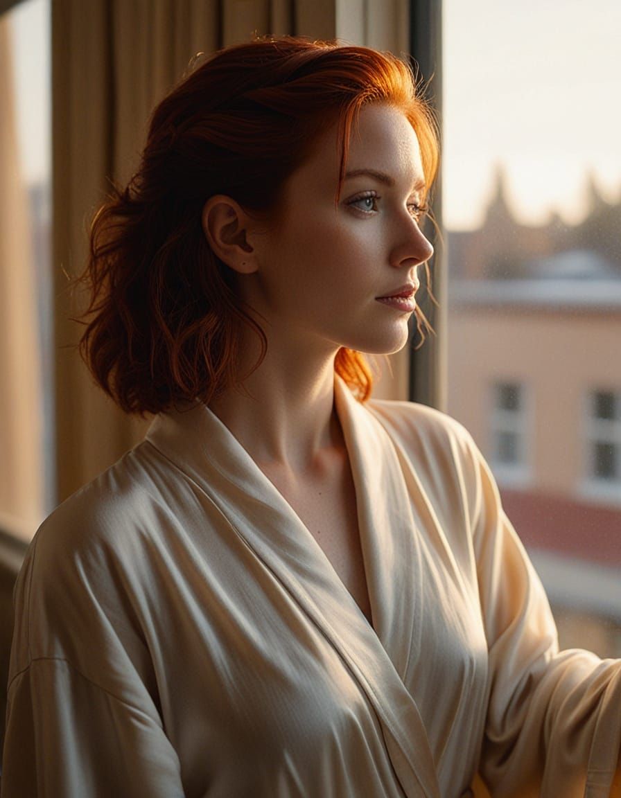 Cinematic Portrait of Redhead in Silk Robe