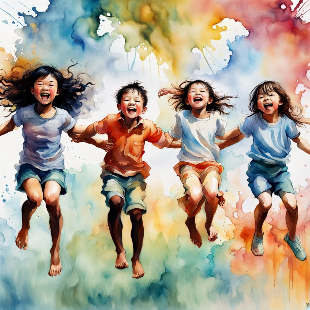 Diverse Children's Joyful Embrace in Art Nouveau Watercolor