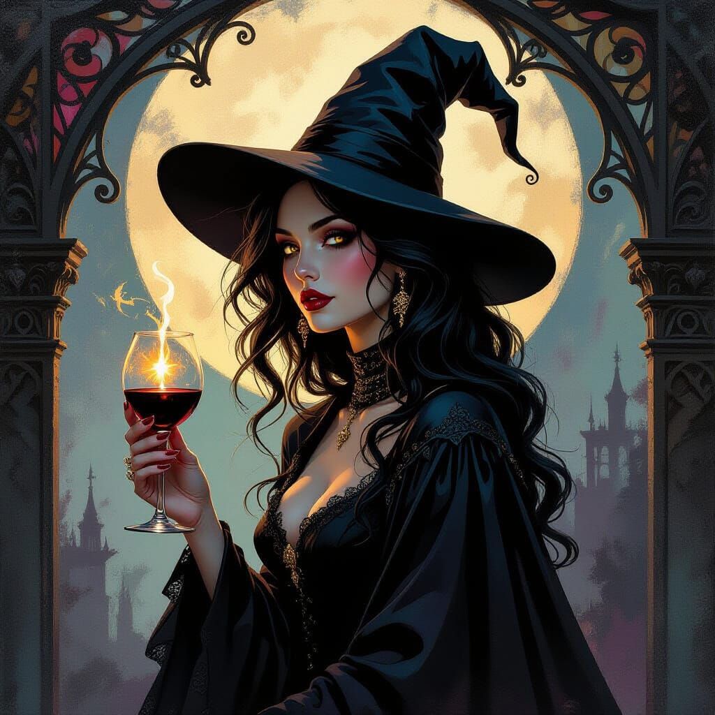 Mysterious Witch in Gothic Art Nouveau Oil Painting