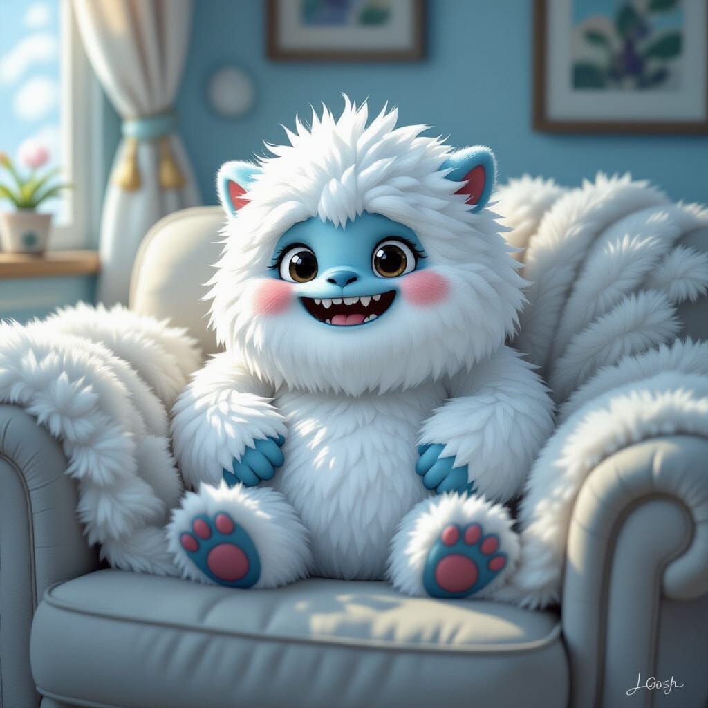 Fluffy Yeti on Sofa, Digital Art