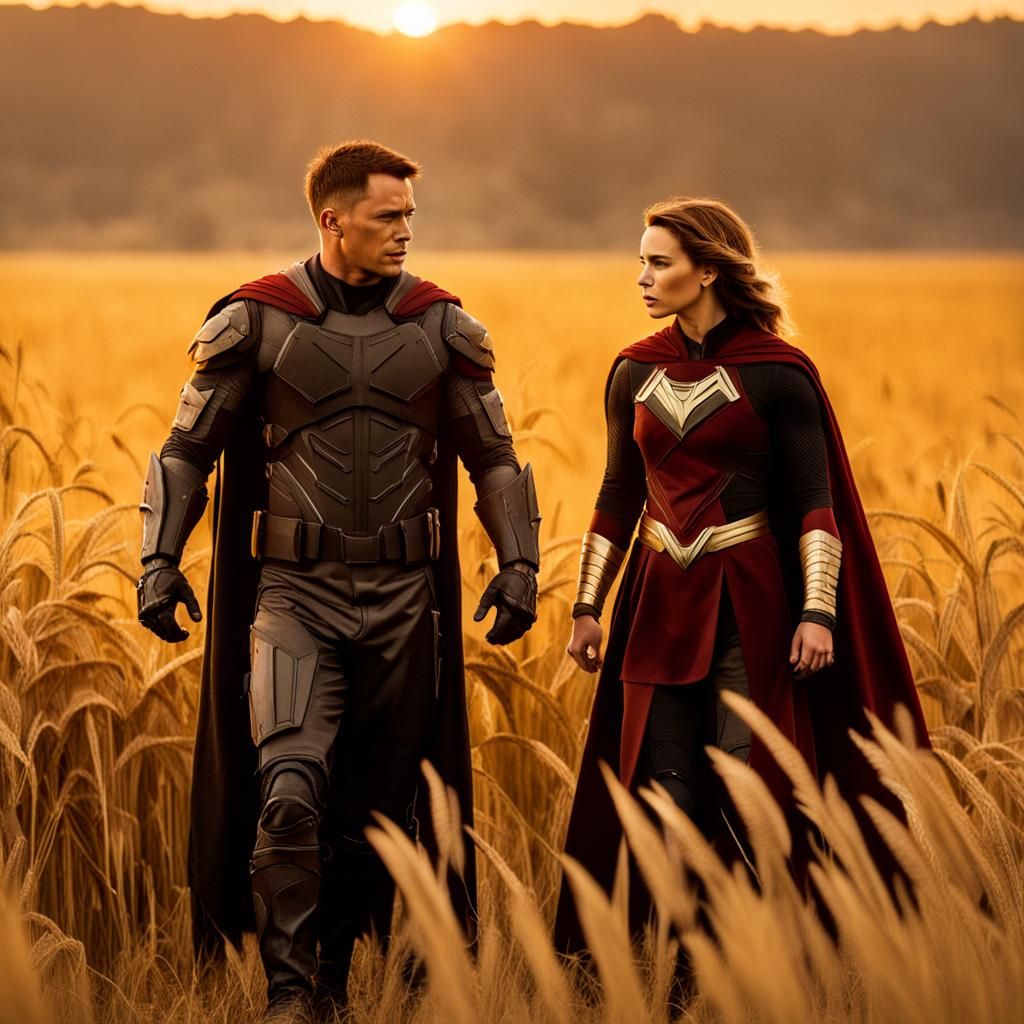 Two Actors as Superheroes in Golden Sunset Field
