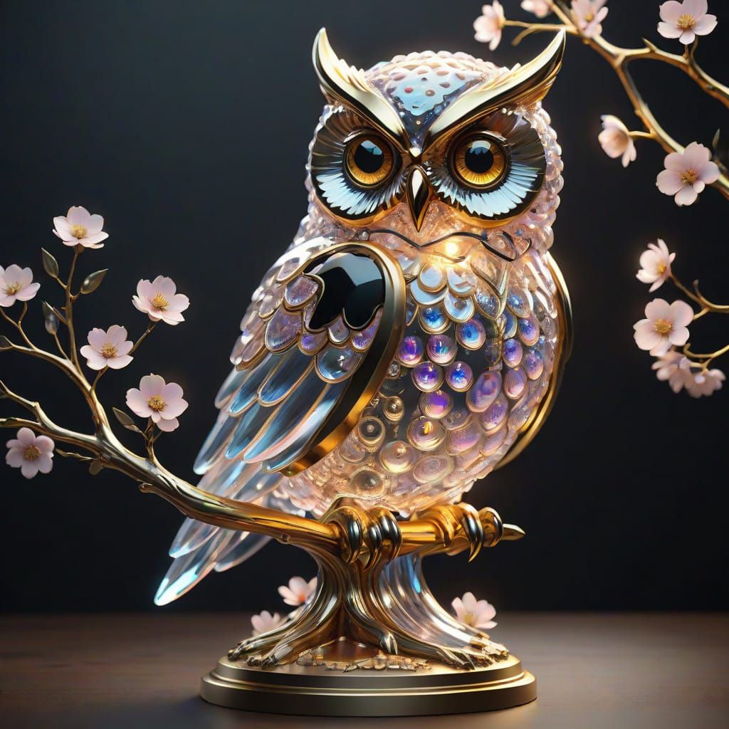 Luxurious Glass Owl Sculpture with Iridescent Bubbles in Fut...