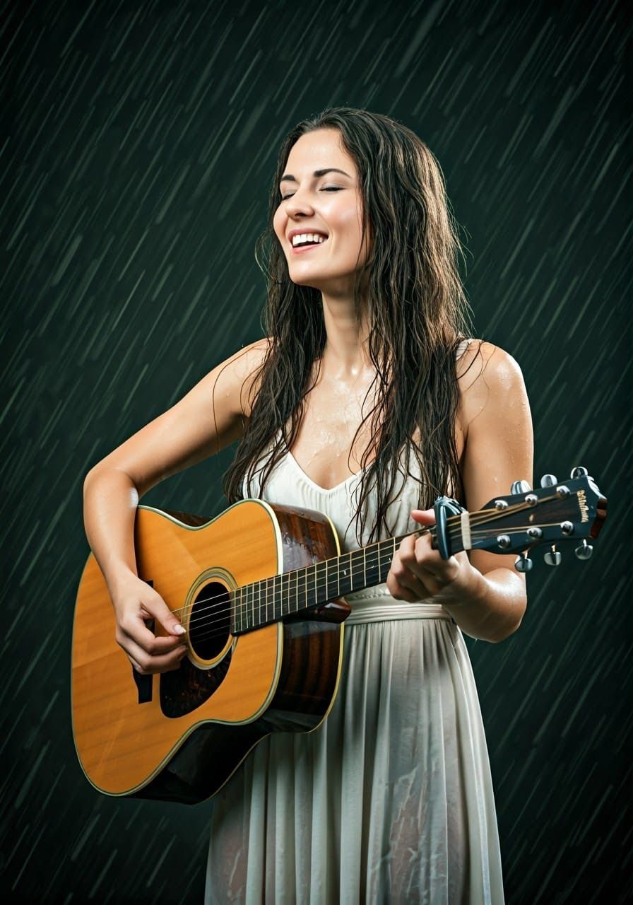 Stunning Woman Serenades in Rainy Landscape