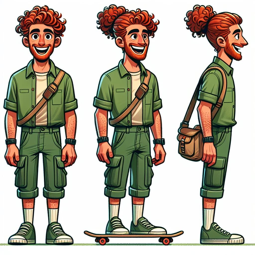 Cartoon Man with Red Hair Rides Skateboard