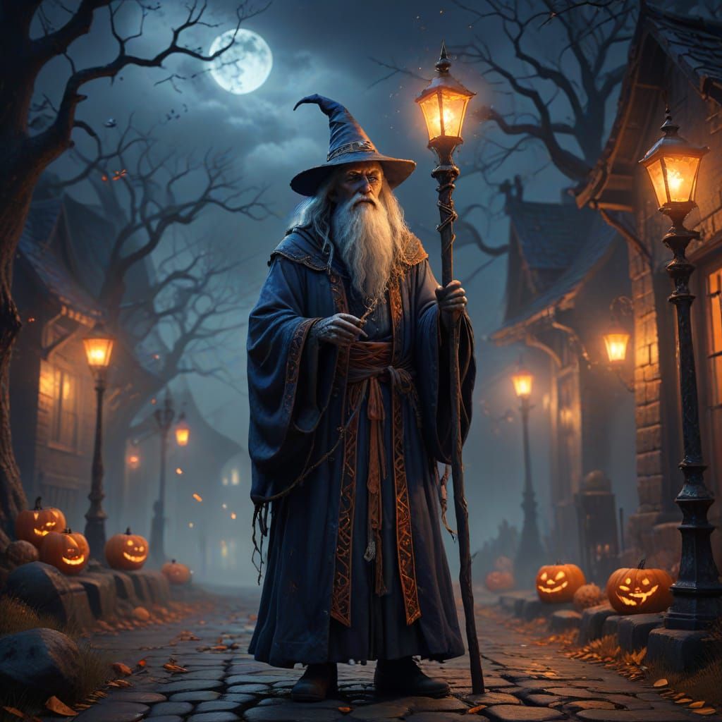 Wise Wizard in Halloween Costume With Glowing Staff
