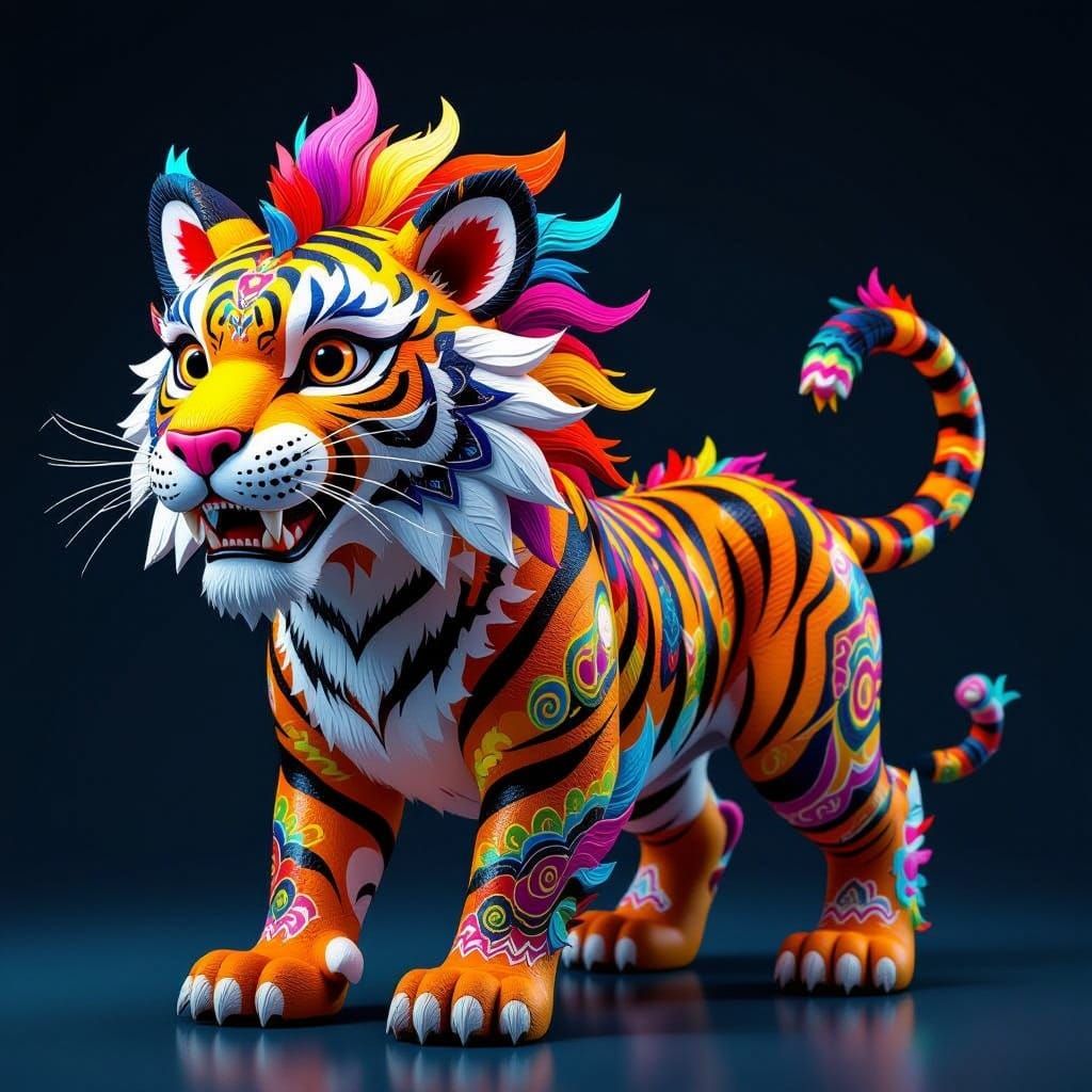 Vibrant Alebrije Tiger with Beak and Scales