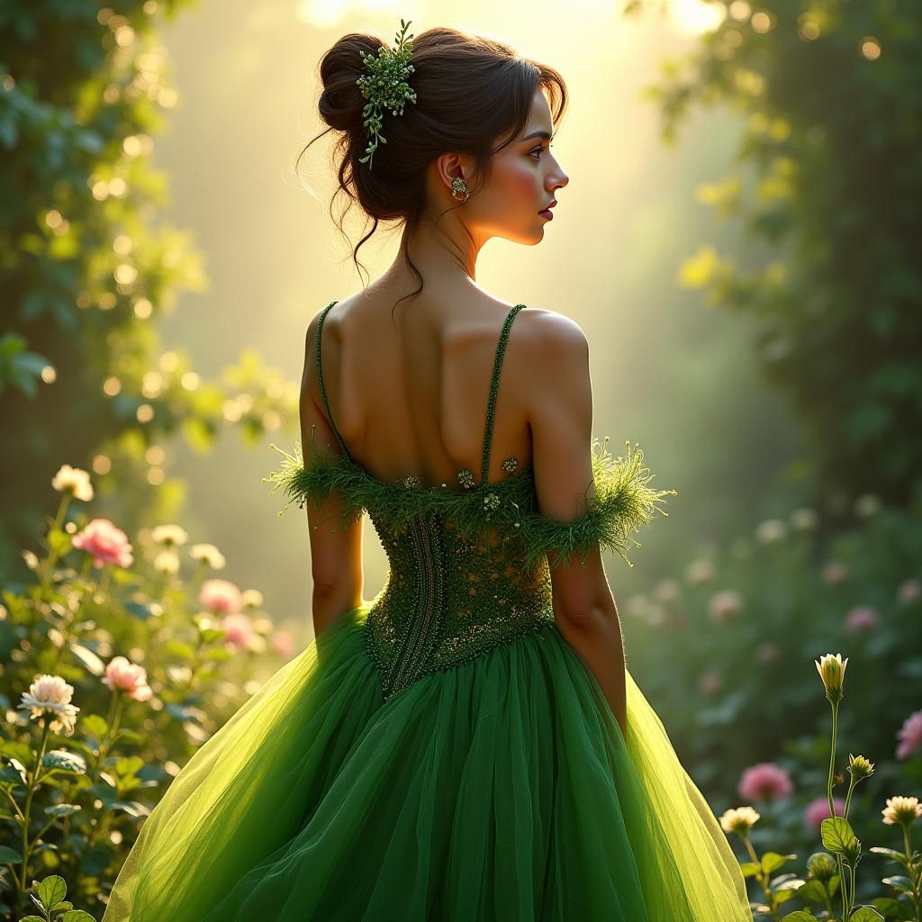 Detailed Portrait of Woman in Green Flower Dress