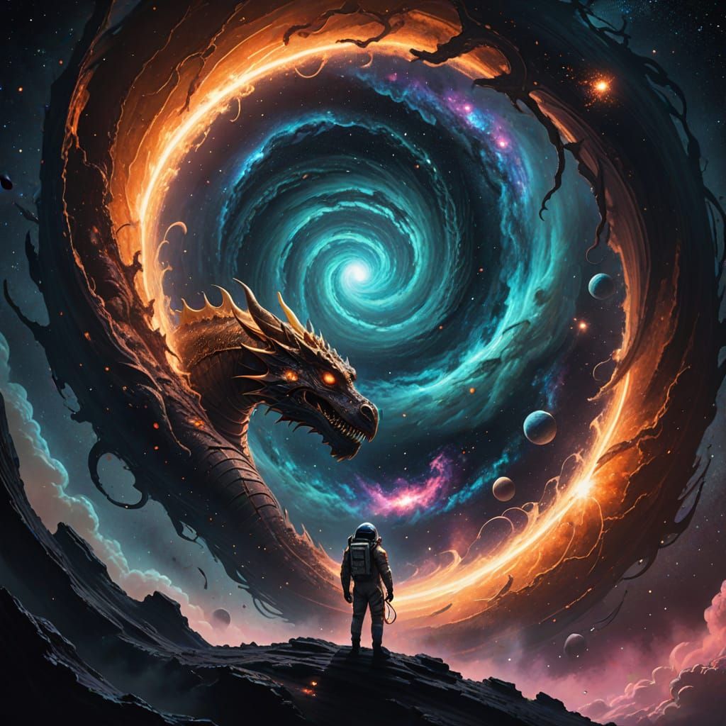 Astronaut Encounters Cosmic Dragon in Galactic Nebula