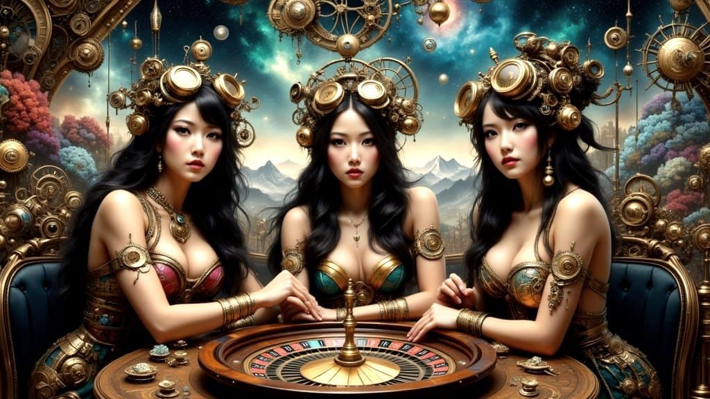 Steampunk Women Play Roulette in Cosmic Dining Room