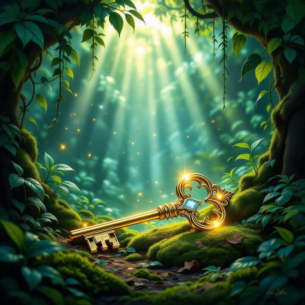 Ornate Golden Key in Mystical Jungle