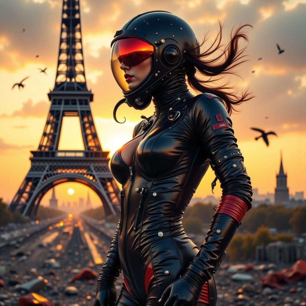Glamorous Spacewoman Before Ruined Eiffel Tower