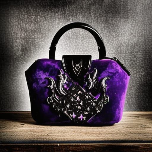 Modern Gothic handbag with purple velvet with black velvet a...
