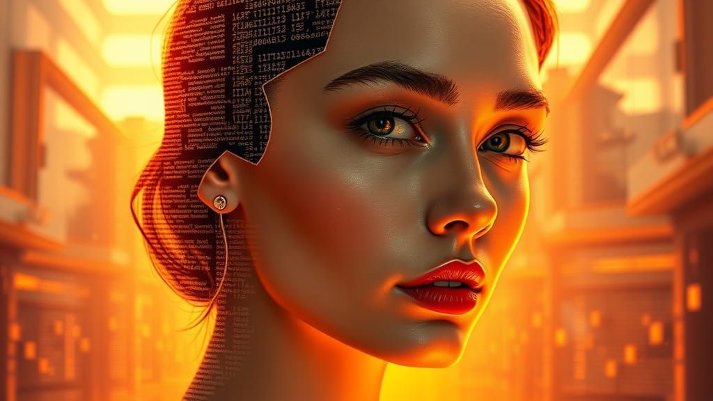 Visage Melds with Computer Code in Digital Art