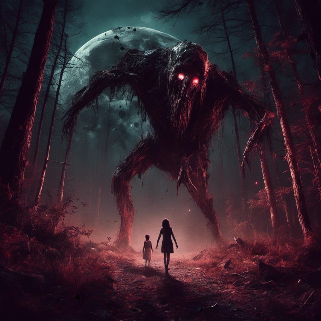 Monster Chasing Girl in Forest at Night