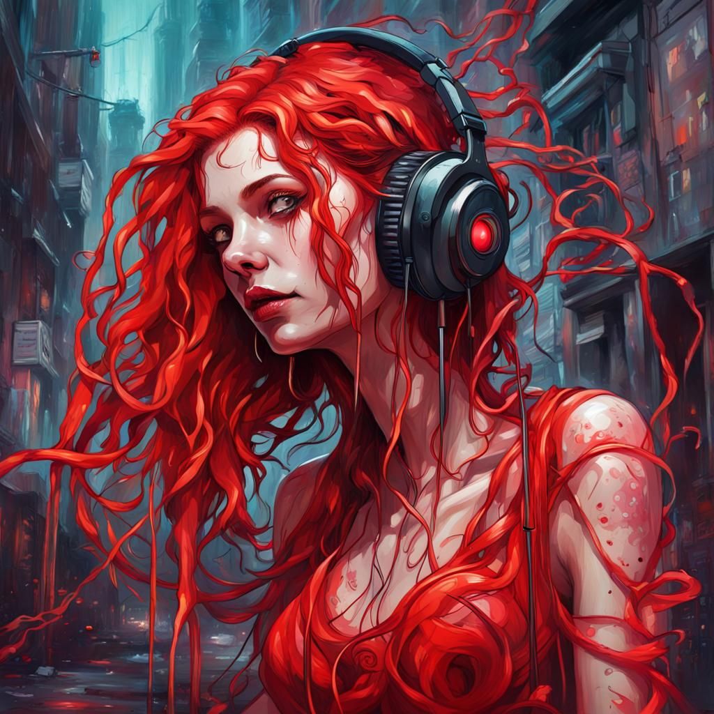 Eldritch Cyberpunk Beauty in Living Red Dress