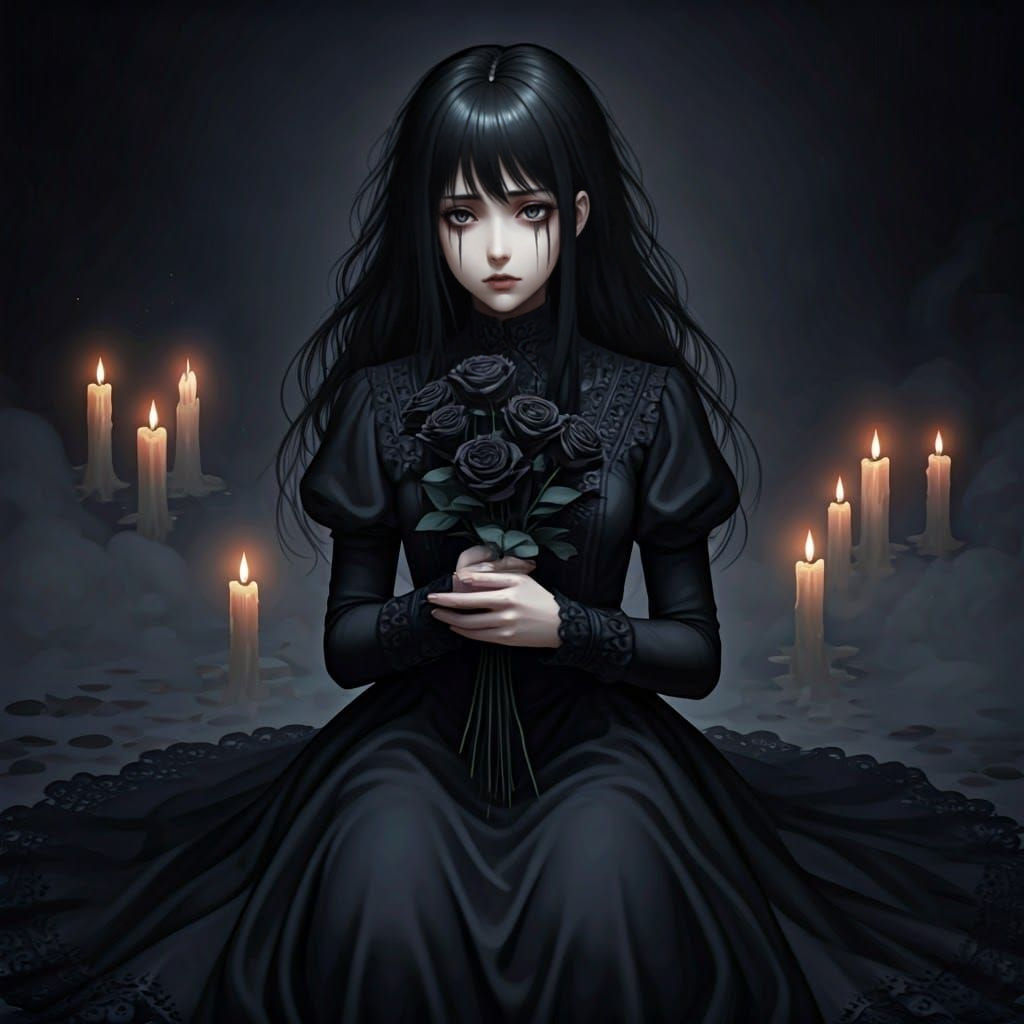 A Mournful Anime Goddess in Dark Colors