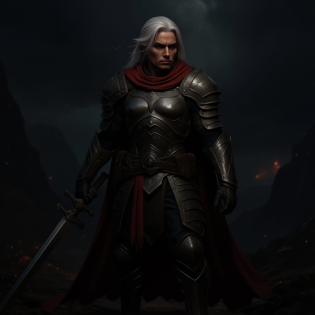 Battle-Hardened Warrior in Ornate Armor with Sword