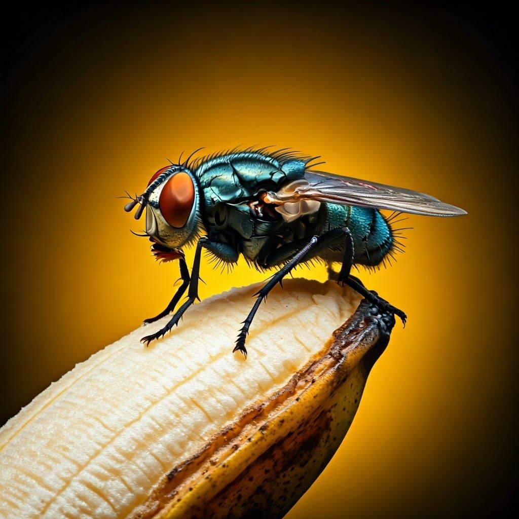 Surreal Fly Feast: A Decaying Banana in Oil