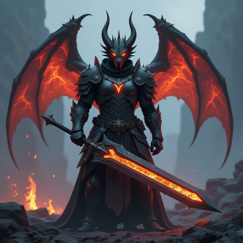 Dragon Warrior in Molten Armor with Obsidian Greatsword