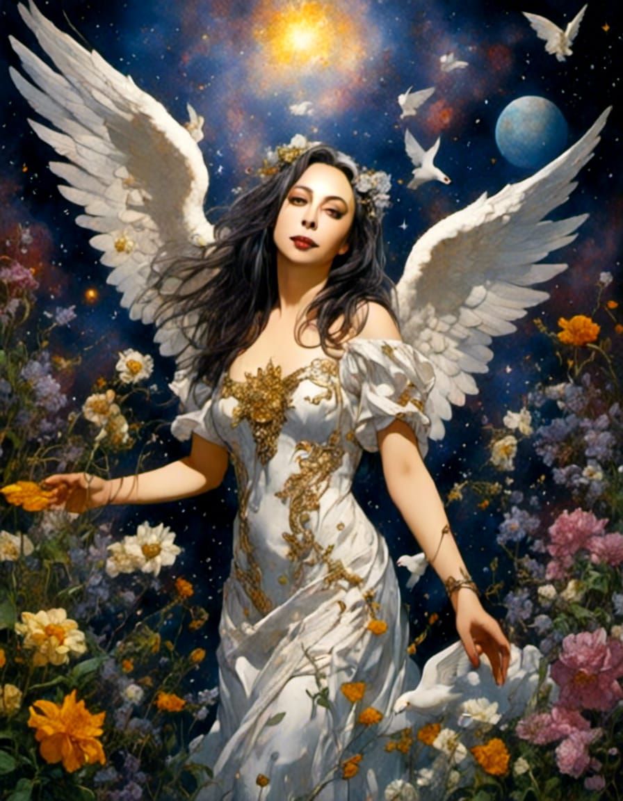 Anime Angel in a Cosmic Garden