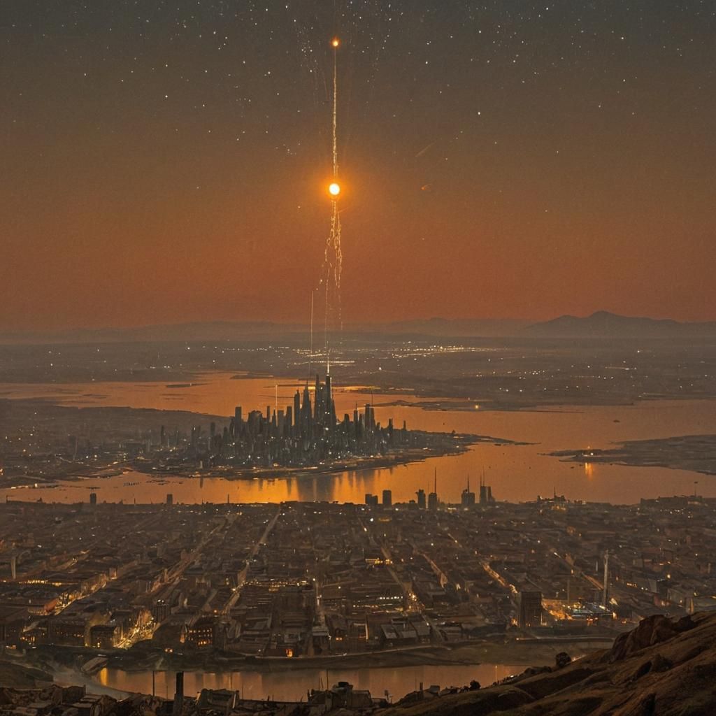 Martian Cityscape with Flying Figures in Retrofuturistic Sty...