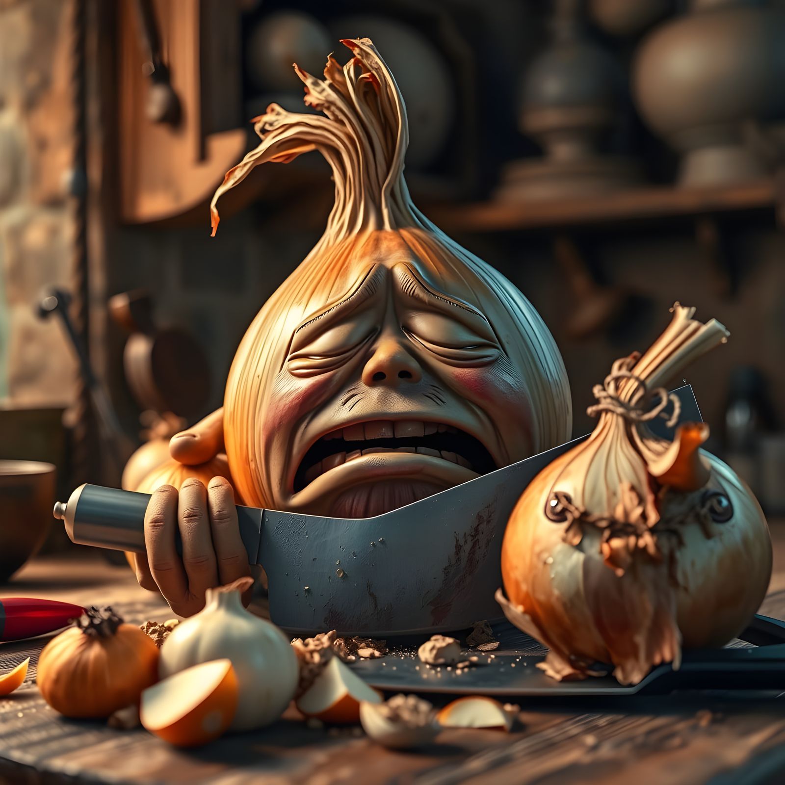 A Tearful Onion Chops in a Rustic Farmers Kitchen, in Hyperr...