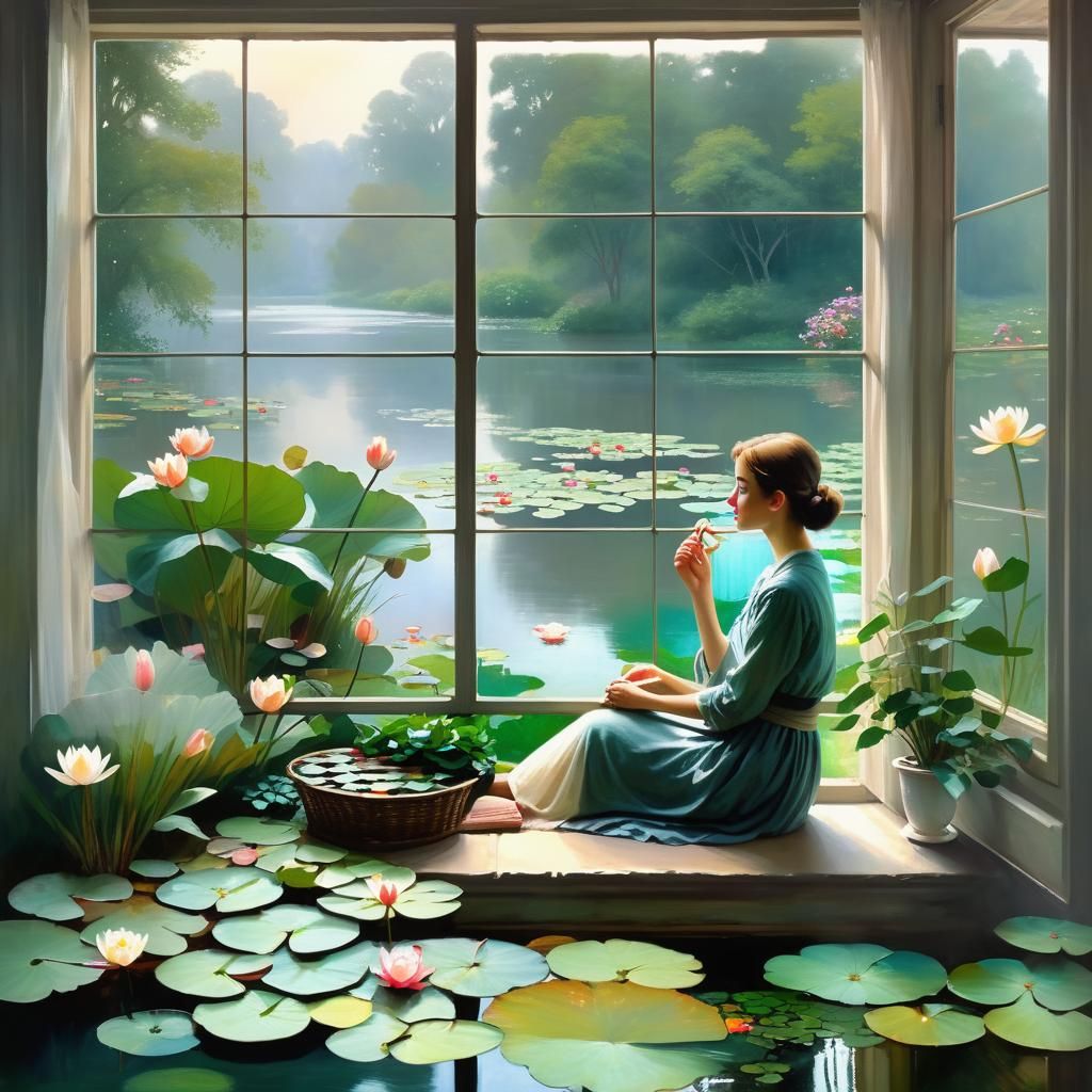 Woman Gazing at Misty Lake: Impressionistic Style