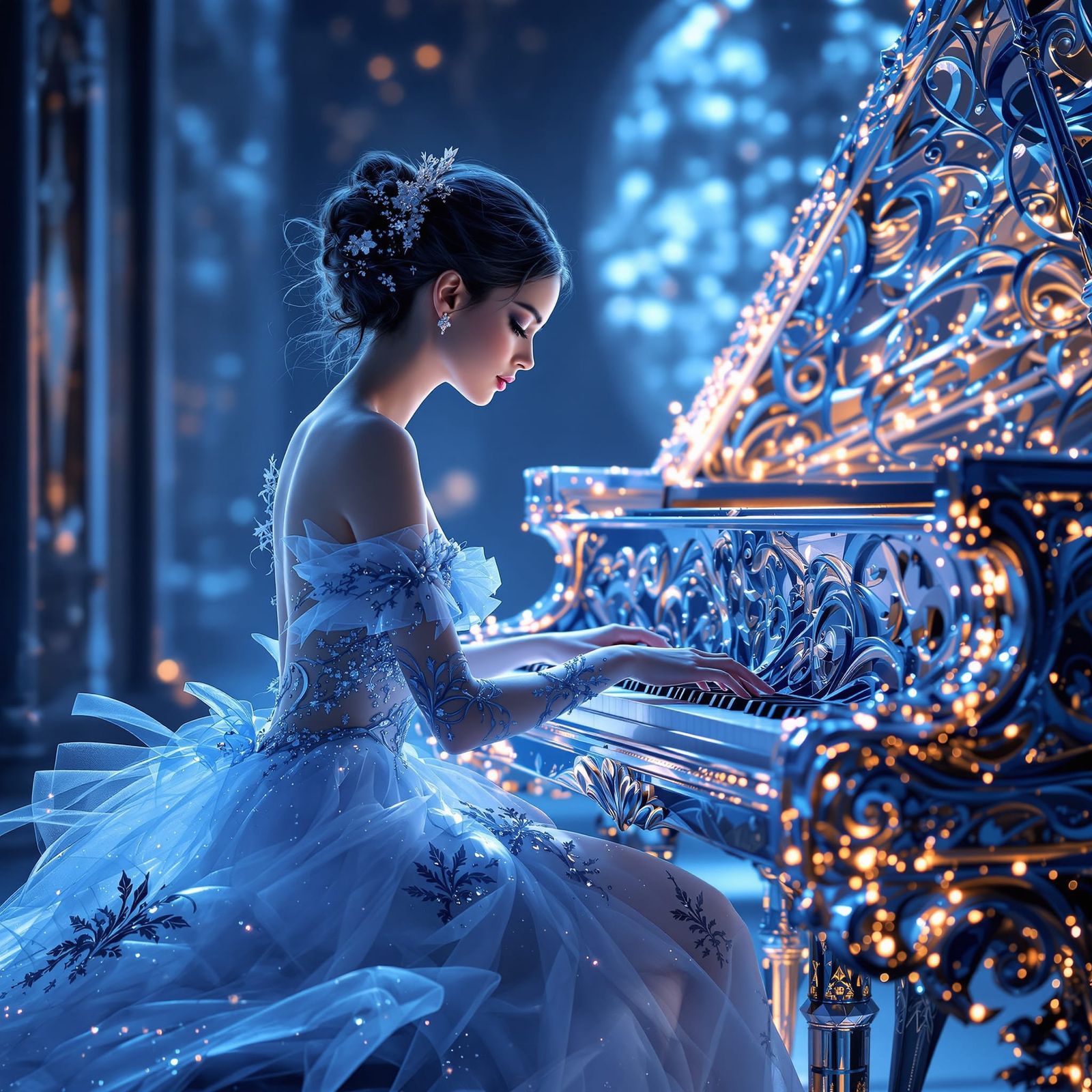 Woman in Ice Blue Dress Plays Piano in Fantasy Style