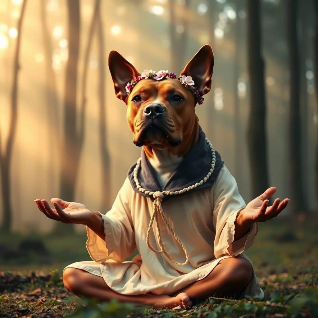 Pitbull Yoga Instructor in Dreamy Forest Landscape