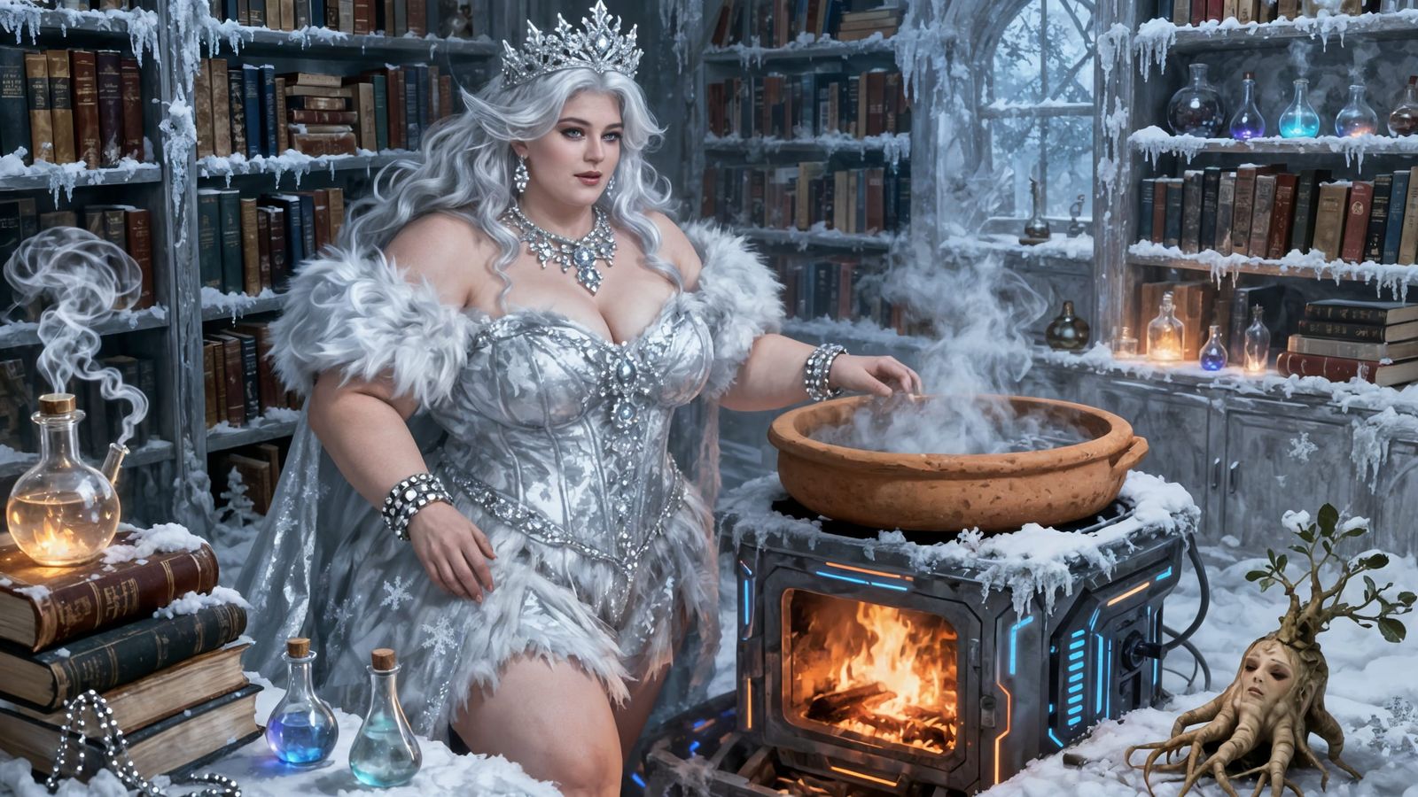 Elegant Snow Witch in Frosty Library