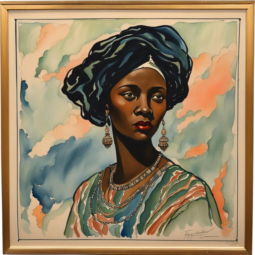 Elegant African American Woman in Gouache Ink Style