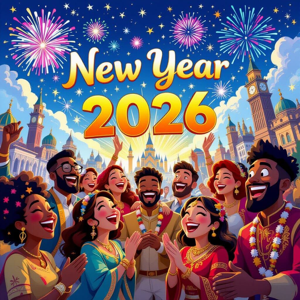 Global New Year Celebration in Cartoon 3D Style