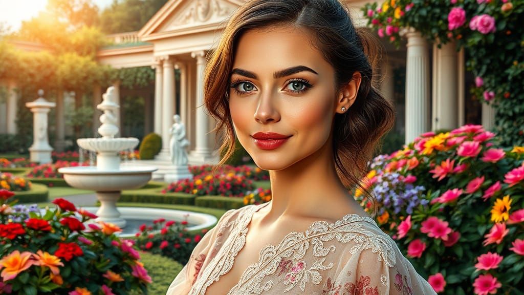 Elegant Woman in a Vibrant Garden Paradise