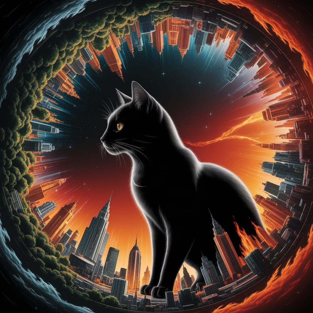 Fiery Abstract Urban Landscape with Black Cat