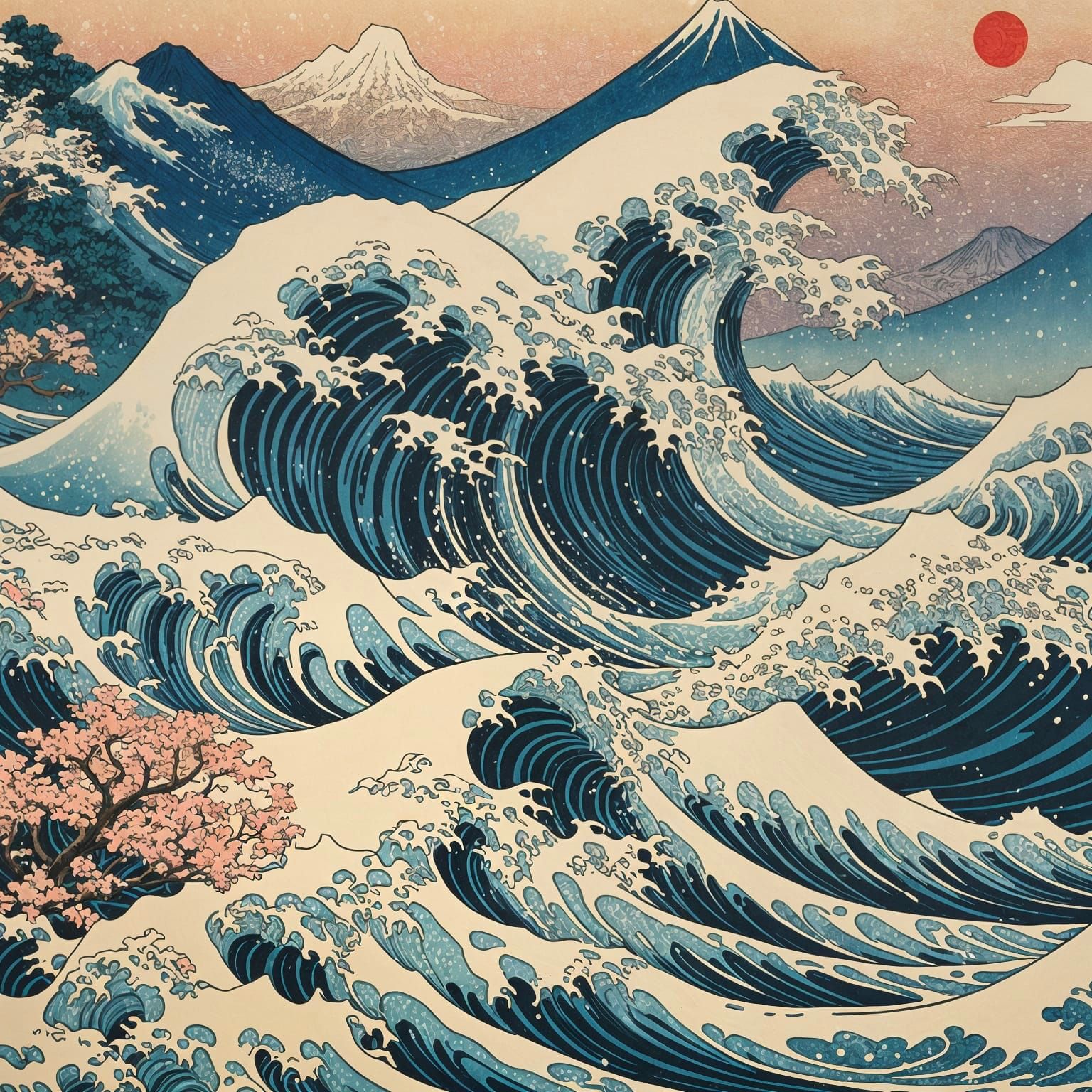 Japanese Wave Ukiyo-e Print with Mountain