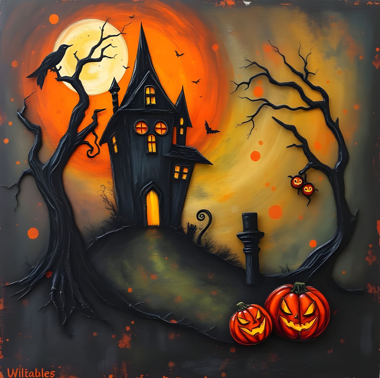 Spooky Halloween Painting in Mixed Media Style