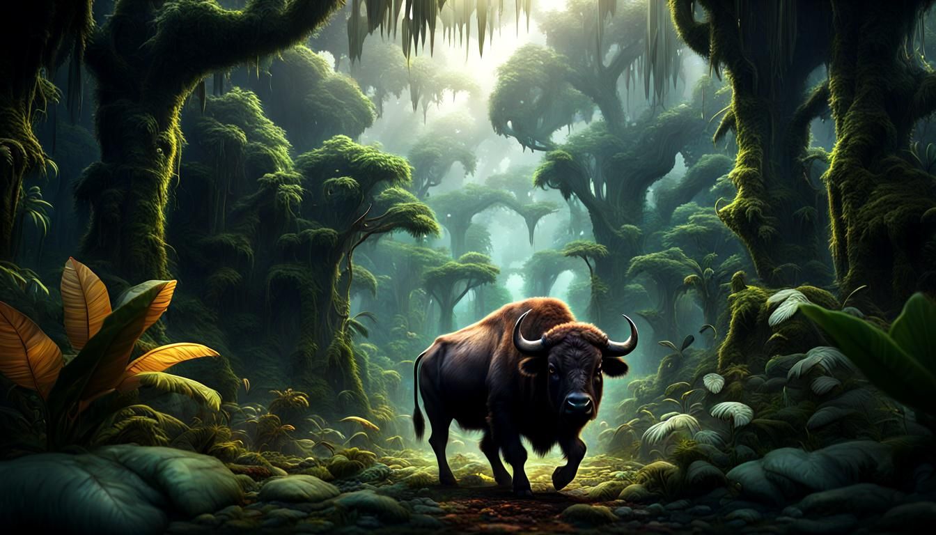 Buffalo Calf in Jungle: Detailed Matte Painting