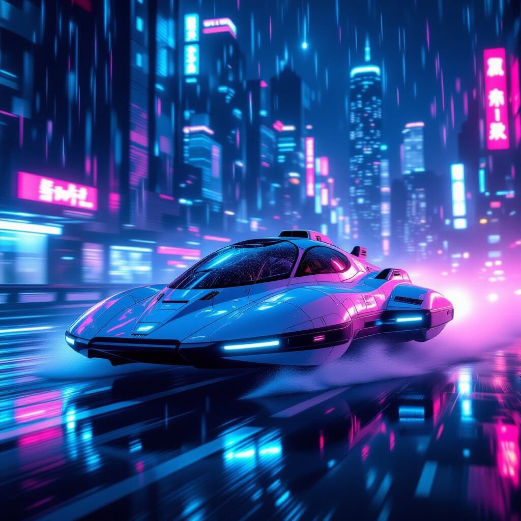 Cyberpunk Hovercraft Speeds Through Neon City at Night